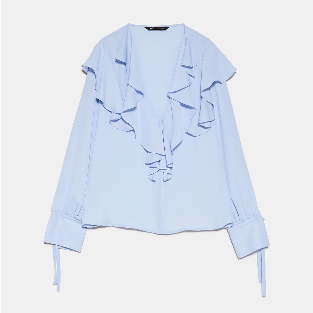 Zara RUFFLED LONG SLEEVE BUTTON UP V-NECK BLOUSE - Picture 9 of 10